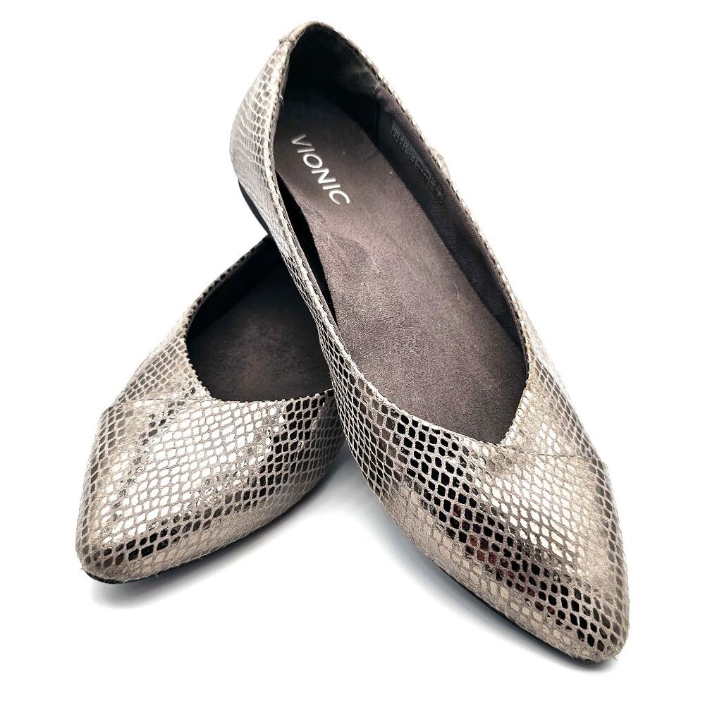 Vionic Pointed Toe Flats Women’s Size 8 Bronze Faux Snakeskin Print Comfort Shoe